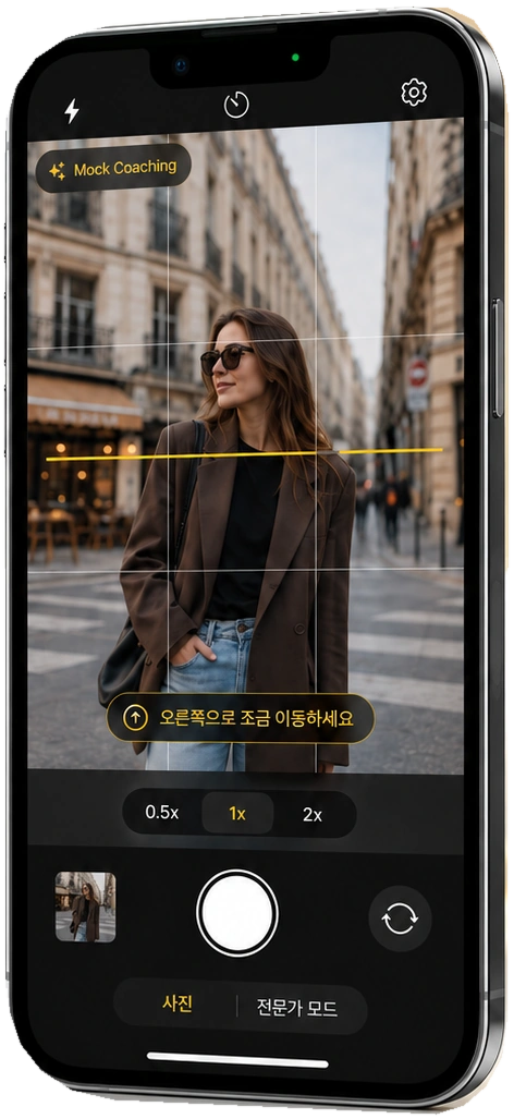 인물 사진 위에 수평선과 짧은 이동 안내가 표시된 개발 중 카메라 앱의 예시 화면